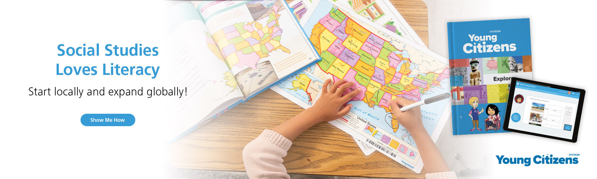 Overhead shot of a student marking a U.S. Desk Map with student book and iPad next to her.