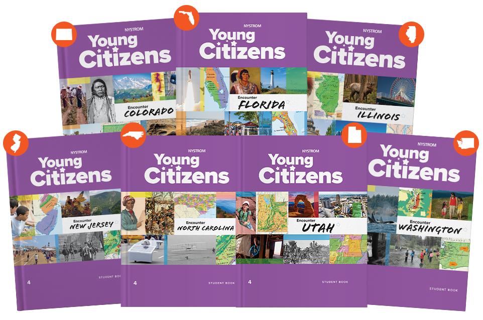 A compilation of seven state specific Young Citizens grade 4 student books